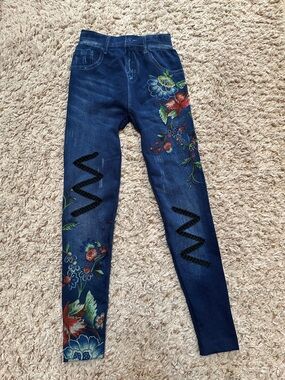 Floral Embroidered Dark Blue Women’s Jeggings - Stretch Fit